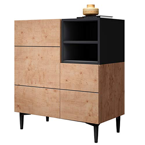 Newfurn Kommode Schwarz Wildeiche Sideboard Vintage Industrial - 80x90x42 cm (BxHxT) - Highboard Anrichte - [Nizza.one] Wohnzimmer Schlafzimmer Flur Esszimmer von Newfurn