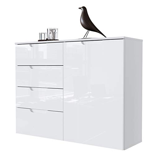 Newfurn Kommode Weiß Hochglanz Weiß Sideboard Landhaus Modern - 109,9x84,9x34,1 cm (BxHxT) - Highboard Anrichte - Wohnzimmer Schlafzimmer Flur Esszimmer von Newfurn