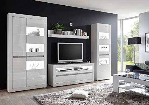 Newfurn Wohnwand Anbauwand Modern Wohnzimmerschrank Wohnlandschaft Mediawand Fernsehschrank II 316x198x 35-42 cm (BxHxT) II [Finn.Two Concept] in Weiß/Weiß Hochglanz Wohnzimmer von Newfurn