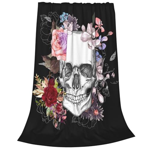 Flanelldecke für Damen, Halloween-Totenkopf-Motiv, Gothic-Rosen, Totenkopf-Motiv, Anti-Pilling-Decken, leicht, warm, Queen-Size-Größe, gemütlich, für alle Jahreszeiten, Aldult-Überwurfdecke für Bett, von Newhomestyle