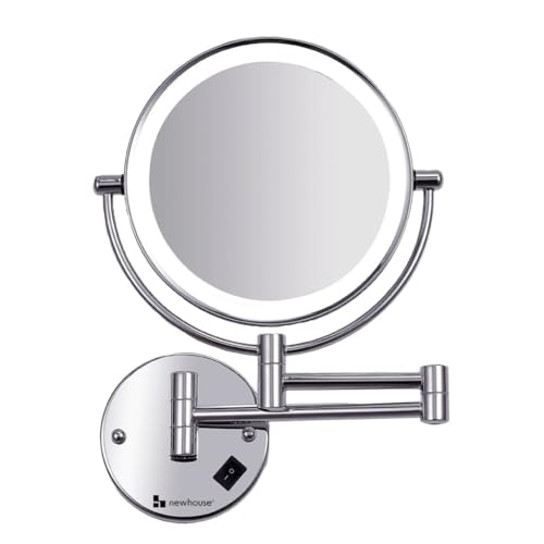 Newhouse NHMM-001-H Vergrößerungsspiegel, Chrom, LED, festverdrahtet, beleuchteter Schminkspiegel mit Vergrößerung, runder Arm-montierter Spiegel mit Halo-Licht von Newhouse Electric