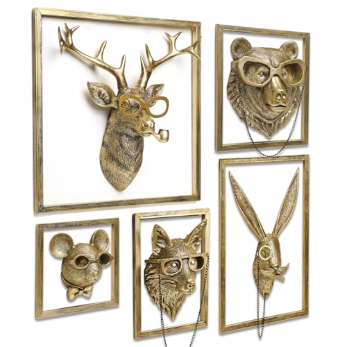 Newinhome 5 Stück Tierköpfe Wanddekoration (Geschenk Metallrahmen) Harz Tiere Skulpturen Kopf Wandbehang Dekor Gold Vintage Wandskulptur für Wohnzimmer Schlafzimmer Büro von Newinhome