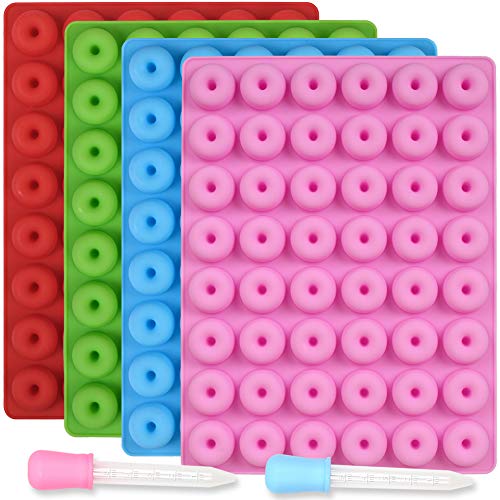 Newk Mini Donut Silikonform mit 48 Kavitäten, 4er Pack, Antihaftbeschichtung, lebensmittelecht, für Süßigkeiten, Schokolade, Gelee mit 2 Pipetten. von Newk