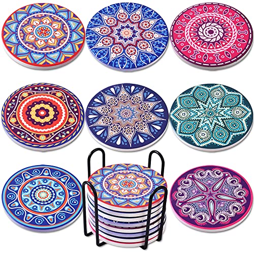 Newk Untersetzer für Getränke, Set mit 8 absorbierenden Keramik-Untersetzern mit Metallhalter, Mandala-Untersetzer für Couchtisch, tolle Einzugsgeschenke von Newk