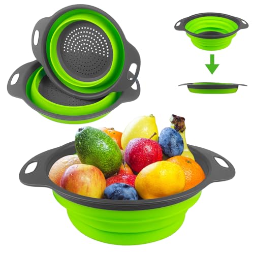 Newpop 2 Stück Nudelsieb Faltbar, Faltbares Sieb Küche, Klappbare Abtropfsieb, Faltsieb Silikon Sieb Nudeln, Colander Silikonsieb zum Abtropfen von Nudeln, Gemüse, Obst - Grün 2 Größe (25+29cm) von Newpop
