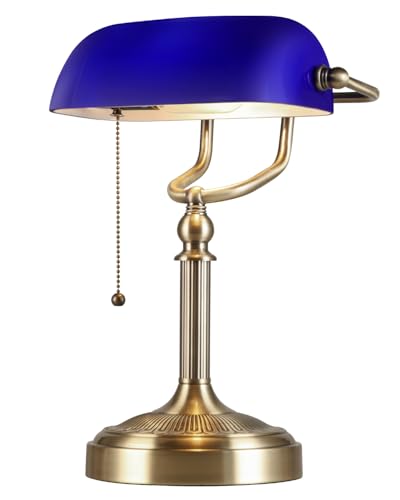 Newrays Blau Glass Bankers Schreibtischlampe mit Zugketten Schalter Steckvorrichtung,Grünes Bronze-Finish Newrays Blau Glass Bankers Schreibtischlampe mit Zugketten Schalter Steckvorrichtung,Grünes Bronze-Finish von Newrays