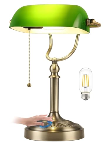 Newrays Grünes Glas Bankers Schreibtischlampe, Stufenlos dimmbare Tischlampe Plug in Leuchte für Arbeitszimmer, Büro mit LED Glühbirne von Newrays