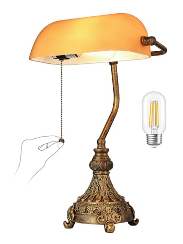 Newrays Vintage Amber Glass Bankers Schreibtischlampe für Home Office, Bibliothek mit Pull -Kettenschalter -Stecker, LED -Glühbirne enthalten von Newrays