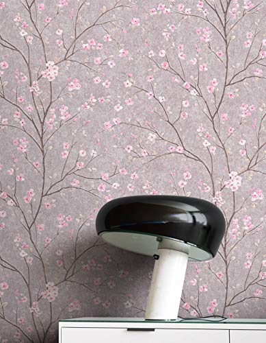 NEWROOM Tapete Grau Vliestapete Blumen - Blumentapete Floral Rosa Kirschblüte Bäume Blätter Tropisch inkl. Tapezier-Ratgeber von Newroom Design