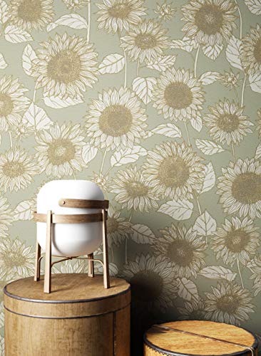 NEWROOM Tapete Grau Vliestapete Blumen - Blumentapeten Floral Grün Creme Sonnenblumen Natur Mustertapete Landhausstil inkl. Tapezier-Ratgeber von Newroom Design