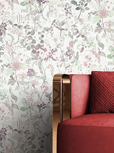 Newroom Design Tapete Weiß Vliestapete Blumen - Blumentapete Floral Grün Rosa Blätter Zweige Romantisch inkl. Tapezier-Ratgeber von Newroom Design