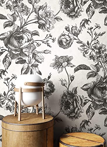 NEWROOM Tapete Weiß Vliestapete Blumen - Blumentapete Floral Creme Schwarz Rosen Beton Romantisch inkl. Tapezier-Ratgeber von Newroom