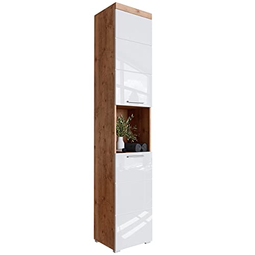 Newroom Badezimmerschrank Hochschrank Wildeiche Weiß Hochglanz mit viel Stauraum - 37x190x31 cm (BxHxT) - Bad Schrank Badezimmer Badezimmermöbel - [Trinity.Nine] von Newroom