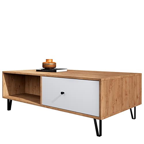 Newroom Couchtisch Weiß Matt Wildeiche Wohnzimmertisch Skandi Modern - 110x37x60 cm (BxHxT) - Sofatisch Ablagetisch Tisch - [Loya.Seven] Wohnzimmer Gästezimmer Büro von Newroom