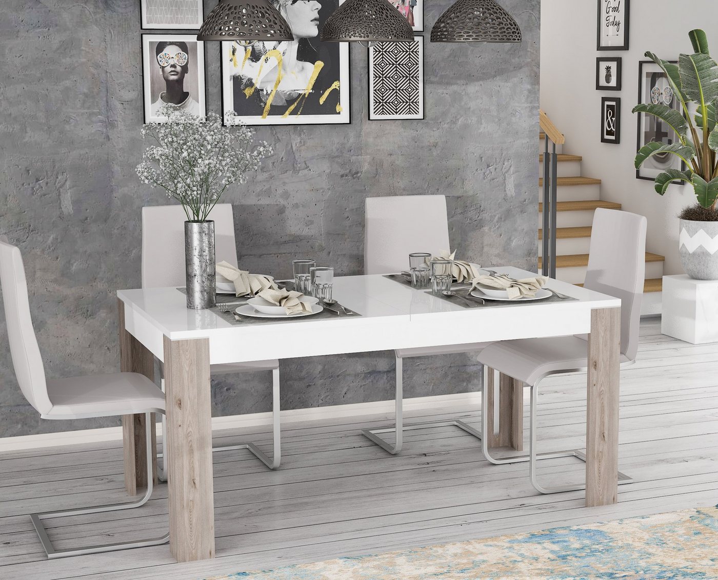Newroom Esstisch Pouline, Esstisch Nelson Eiche und Weiß Hochglanz Modern Ausziehbar Tisch von Newroom
