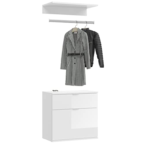 Newroom Garderobe Weiß Hochglanz Weiß Hochglanz Garderobenset Modern - 61x62+3+14x34 cm (BxHxT) - Sitzbank Kleiderstange - [Pamela.Seven] Flur Diele Schlafzimmer von Newroom