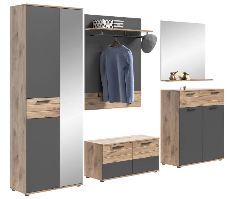Newroom Garderoben-Set Elera Flur, Garderoben-Set Basalt Grau Eiche Flurmöbel Garderobenschrank Indus... von Newroom