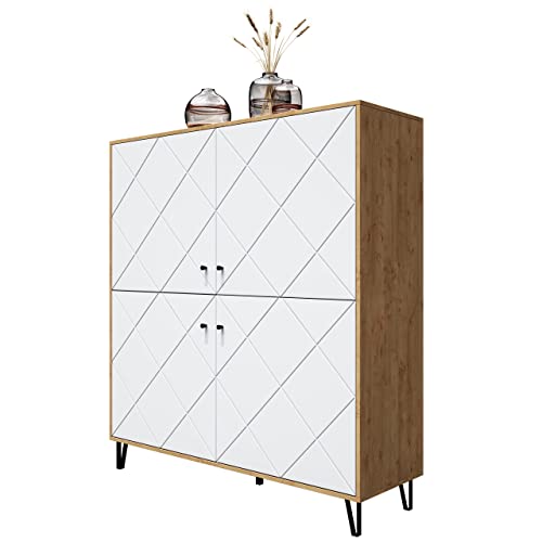 Newroom Highboard Weiß Matt Wildeiche Kommode Skandi Modern - 123x136x40 cm (BxHxT) - Schrank Sideboard Anrichte - [Loya.Three] Wohnzimmer Gästezimmer Büro von Newroom