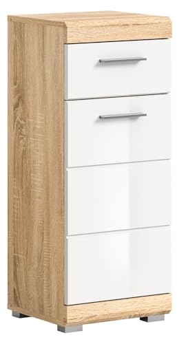 Newroom Kommode Weiß Hochglanz Sonoma Eiche hell Sideboard Modern Zeitlos - 88x37x31 cm (BxHxT) - Highboard Anrichte - [Libra.one] Bad Badezimmer WC von Newroom