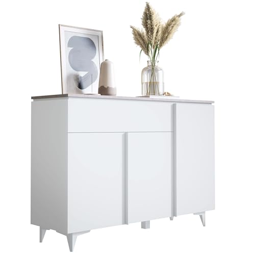 Newroom Kommode Weiß Sandstein Sideboard Modern Elegant - 133x92x40 cm (BxHxT) - Highboard Anrichte - [Khora.Two] Wohnzimmer Schlafzimmer Flur Esszimmer von Newroom
