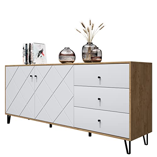 Newroom Kommode Wildeiche Weiß Matt Sideboard Skandi Modern - 183x76x40 cm (BxHxT) - Highboard Anrichte - [Amalya.one] Wohnzimmer Gästezimmer Büro von Newroom