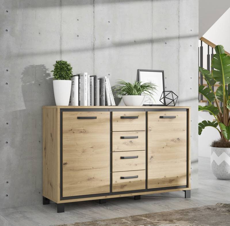 Newroom Kommode Winona, Kommode Artisan Eiche und schwarze Eiche Modern Sideboard Barkommode von Newroom