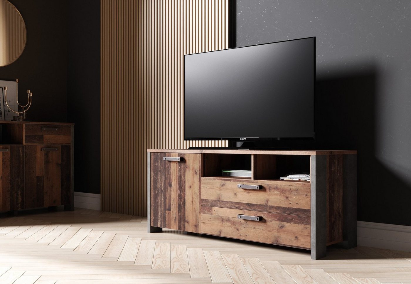 Newroom Lowboard Kane, TV Board Old Wood Wildeiche Vintage Landhaus TV Schrank Fernsehtisch von Newroom