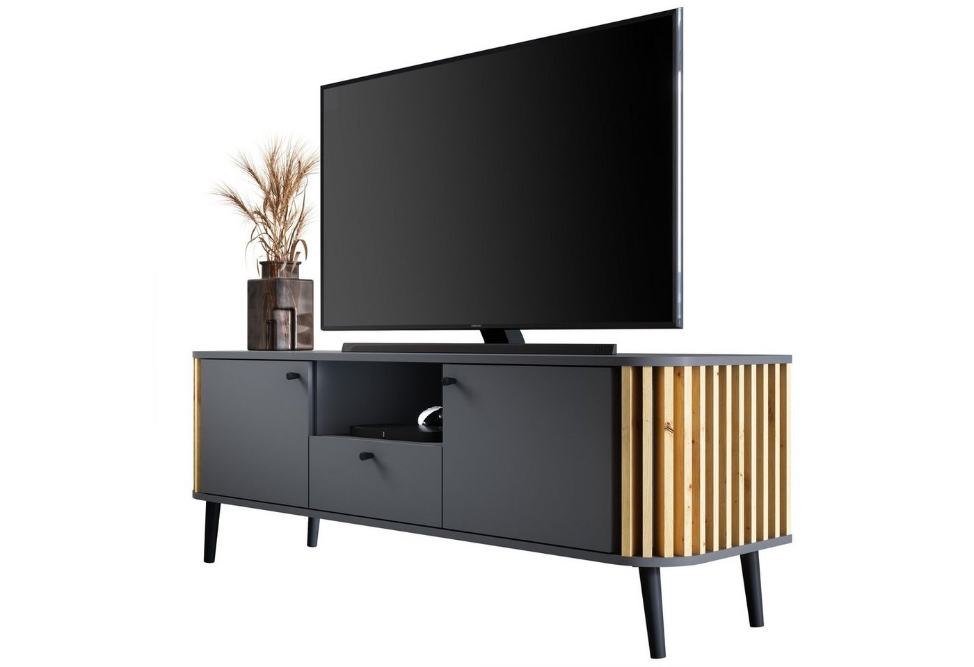 Newroom Lowboard Zak, Grau TV Board Wandpaneel Modern TV Schrank Fernsehtisch Wohnzimmer von Newroom