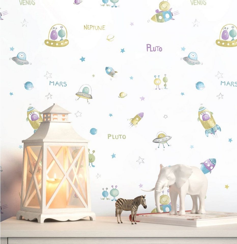 Newroom Papiertapete, Grün Tapete Kinder Planeten - Kindertapete Babytapete Lila Weiß Niedlich Modern Weltall Ufos für Babyzimmer Kinderzimmer Jugendzimmer von Newroom