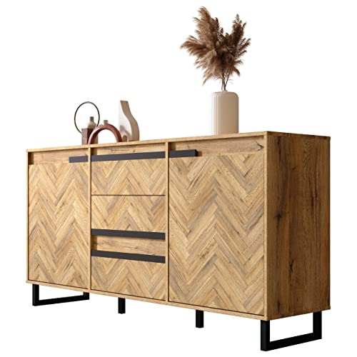 Newroom Sideboard Bartex Eiche Fischgrätenmuster Sideboard Modern Klassisch - 156,4x82,6x42 cm (BxHxT) - Highboard Anrichte - [Melami.one] Wohnzimmer Schlafzimmer Flur Esszimmer von Newroom