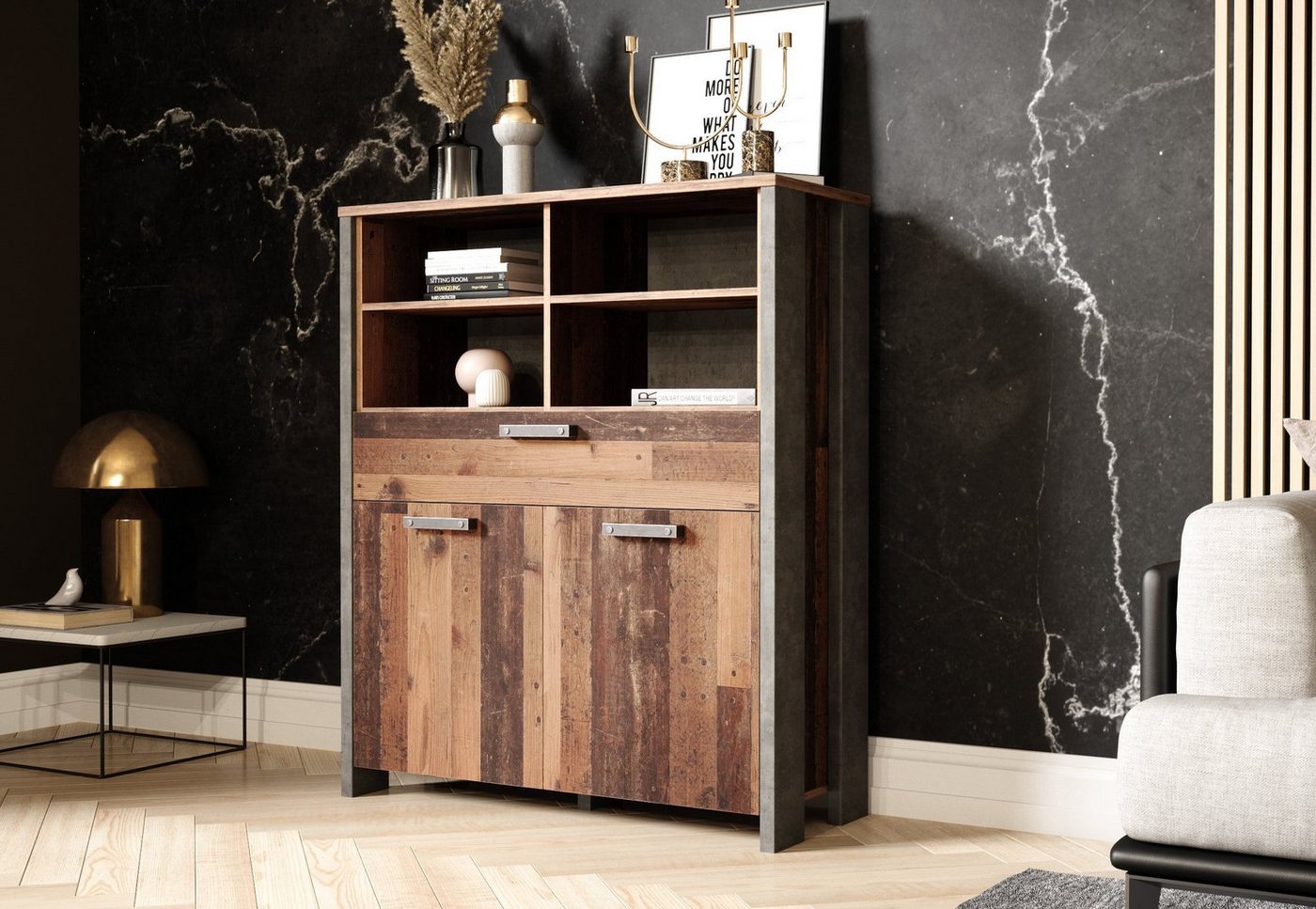 Newroom Sideboard Kane, Sideboard Old Wood Beton Optik Vintage Industrial Highboard Anrichte von Newroom