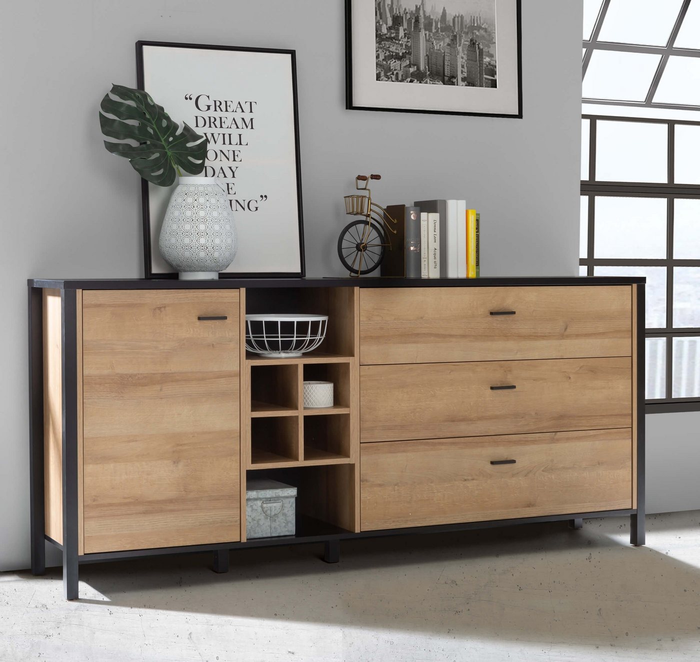 Newroom Sideboard Onate, Sideboard Schwarz und Riviere Eiche Modern Sideboard Highboard von Newroom