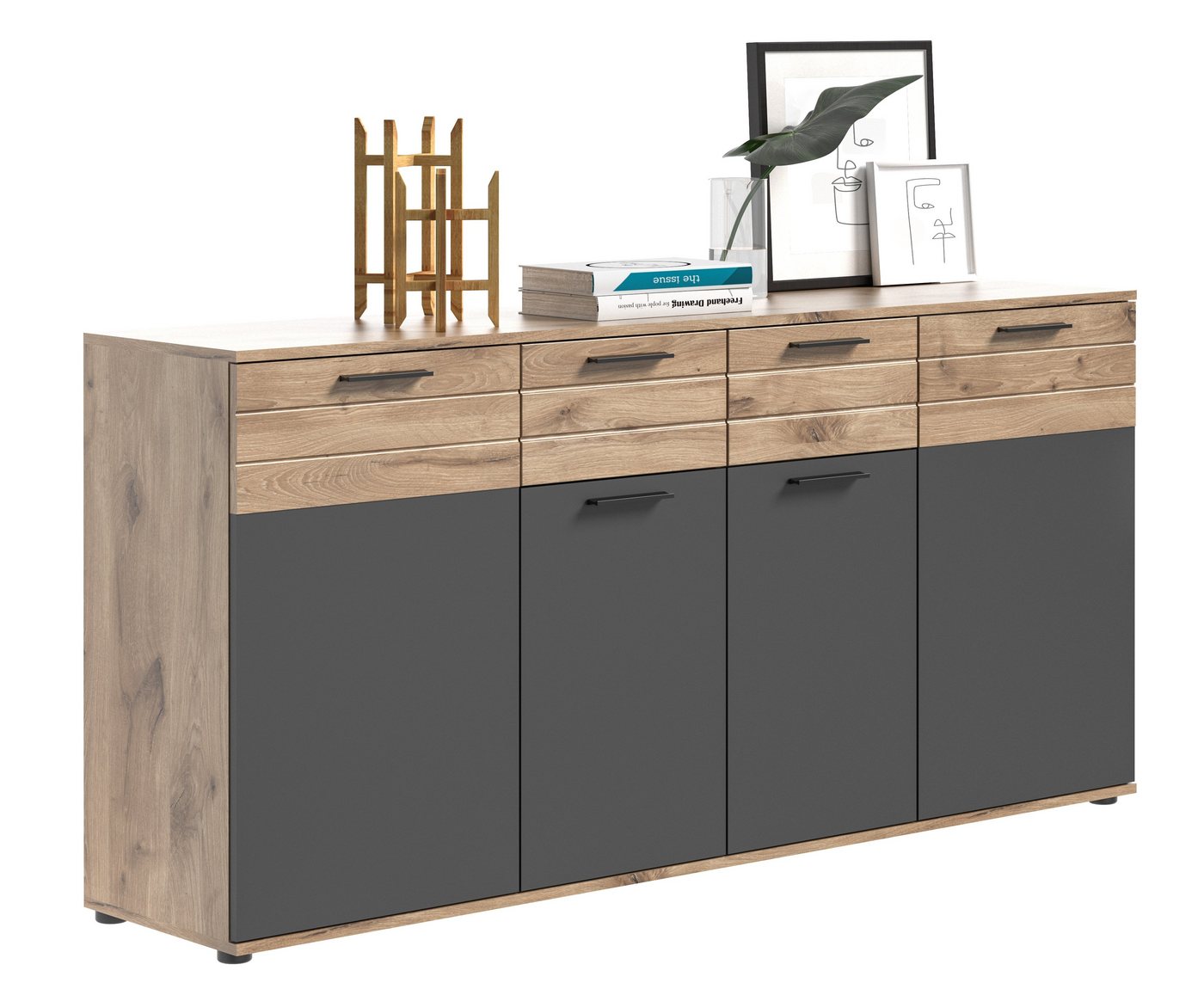 Newroom Sideboard Stanley, Sideboard Eiche Basalt Grau Industrial Kommode Highboard Wohnzimmer von Newroom