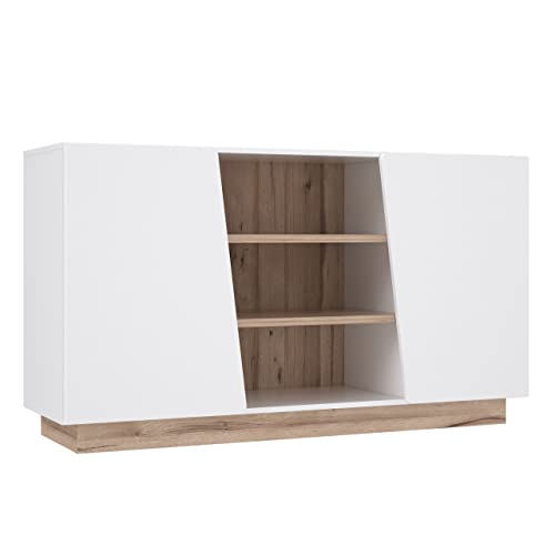 Newroom Sideboard Weiß und Planked Eiche Sideboard Skandi Modern - 139,6x79x41 cm (BxHxT) - Highboard Anrichte - [Bonnie.Two] Wohnzimmer Wohnstube Büro von Newroom
