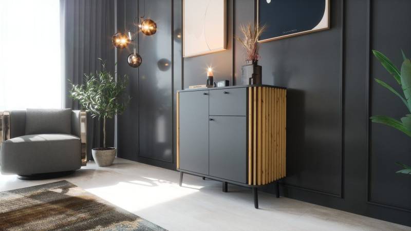 Newroom Sideboard Zak, Grau Sideboard Modern Wandpaneel Elegant Highboard Anrichte Wohnzimmer von Newroom