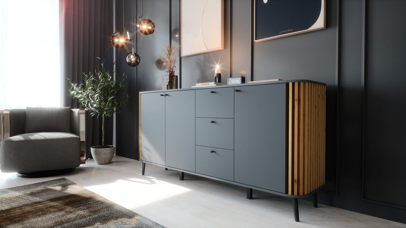 Newroom Sideboard Zak, Grau Sideboard Modern Wandpaneel Elegant Highboard Anrichte Wohnzimmer von Newroom