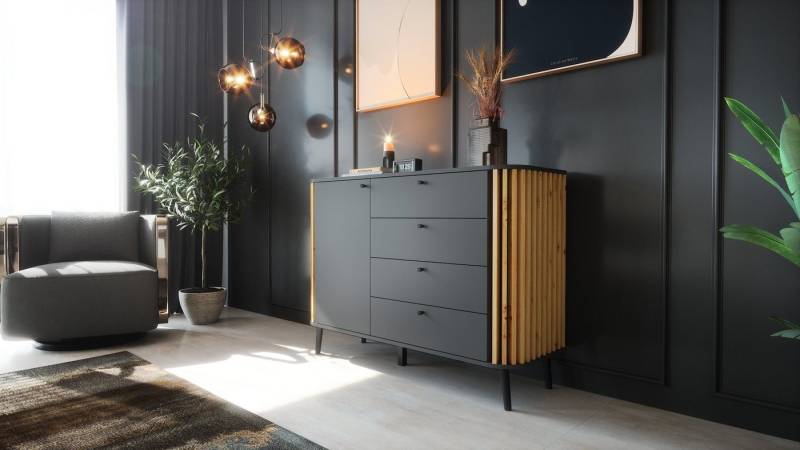 Newroom Sideboard Zak, Grau Sideboard Modern Wandpaneel Elegant Highboard Anrichte Wohnzimmer von Newroom