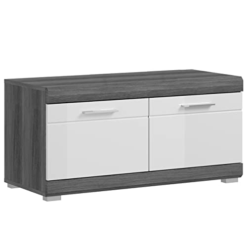 Newroom Sitzbank Weiß Hochglanz Rauchsilber Schuhschrank Modern - 90x44x40 cm (BxHxT) - Schuhablage Sitzcontainer Sitzhocker - [Kim.Three] Flur Diele von Newroom