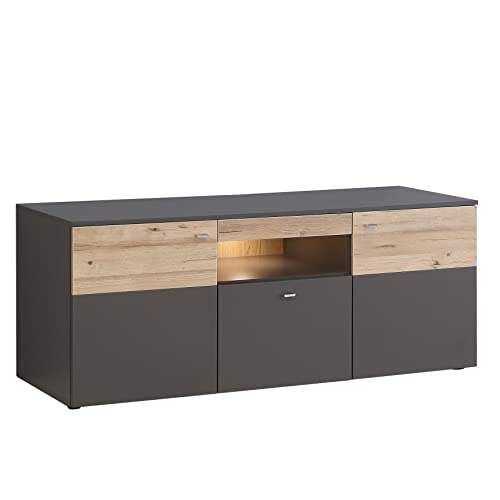 Newroom TV Lowboard Grau und Planked Eiche TV Schrank Modern - 149,8x59,3x52 cm (BxHxT) - Fernsehtisch TV Board Rack - [Melvin.one] Wohnzimmer Wohnstube von Newroom