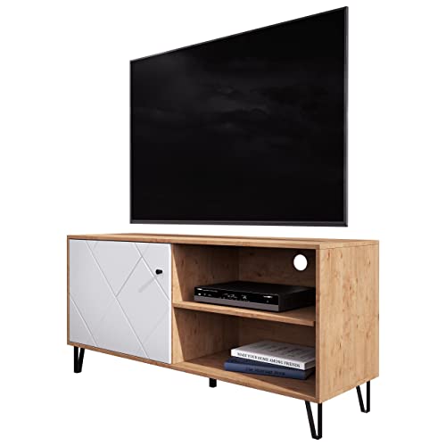 Newroom TV Lowboard Weiß Matt Wildeiche TV Schrank Skandi Modern - 123x56x40 cm (BxHxT) - Fernsehtisch TV Board Rack - [Loya.Four] Wohnzimmer Gästezimmer Büro von Newroom