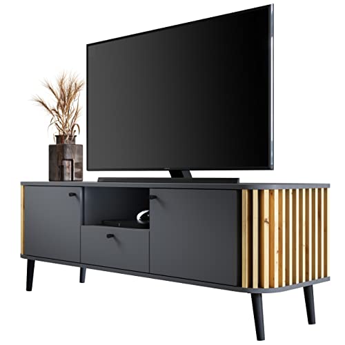 Newroom TV Lowboard Wildeiche mit Paneele in Grau/Anthrazit TV Schrank Modern Elegant - 138x50x40 cm (BxHxT) - Fernsehtisch TV Board Rack - [Zak.Four] Wohnzimmer von Newroom