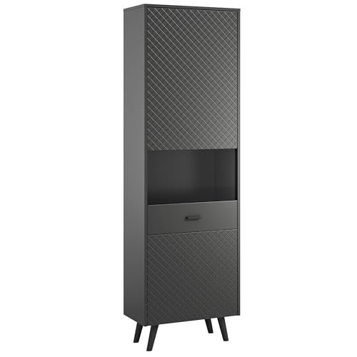 Newroom Vitrine Holz Grau Matt Glasvitrine Modernes Design - 58x195x37 cm (BxHxT) - Standvitrine Hochschrank - Wohnzimmer Esszimmer Arbeitszimmer von Newroom