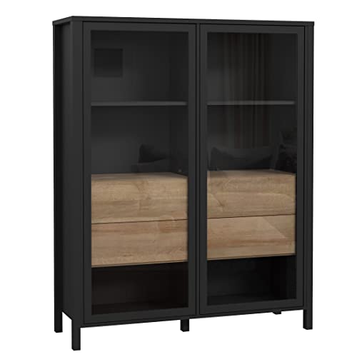 Newroom Vitrine Schwarz und Riviere Eiche Vitrinenschrank Modern - 121,3x152,3x40,2 cm (BxHxT) - Glasvitrine Standvitrine Glasschrank - [Onate.Seven] Wohnzimmer Wohnstube von Newroom