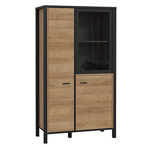 Newroom Vitrine Schwarz und Riviere Eiche Vitrinenschrank Modern - 86,3x152,3x40,2 cm (BxHxT) - Glasvitrine Standvitrine Glasschrank - [Onate.six] Wohnzimmer Wohnstube von Newroom