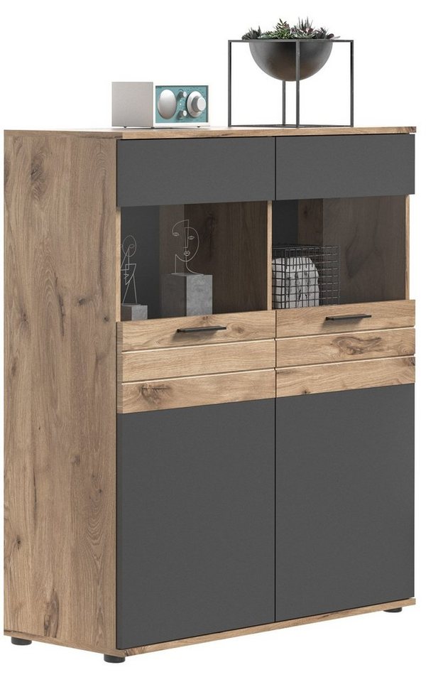 Newroom Vitrine Stanley Vitrine Eiche Basalt Grau Industrial Vitrinenschrank Glasvitrine Wohnzimmer von Newroom