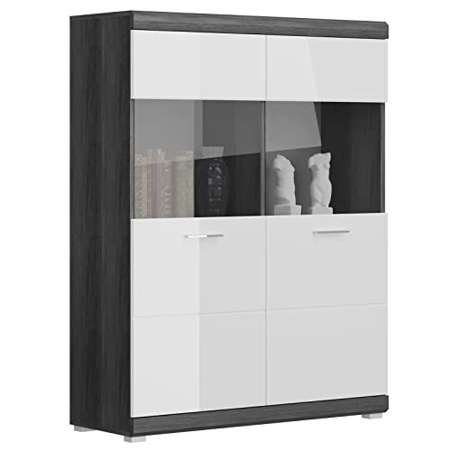 Newroom Vitrine Weiß Hochglanz Rauchsilber Vitrinenschrank Modern - 113x139x34 cm (BxHxT) - Glasvitrine Standvitrine Glasschrank - [Marec.Nine] Wohnzimmer Wohnstube Büro von Newroom