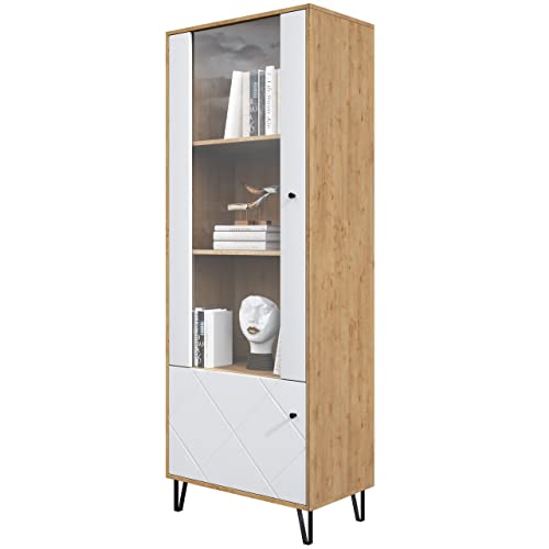 Newroom Vitrine Wildeiche Weiß Matt Vitrinenschrank Skandi Modern - 63x171x40 cm (BxHxT) - Glasvitrine Standvitrine Glasschrank - [Loya.Nine] Wohnzimmer Gästezimmer Büro von Newroom