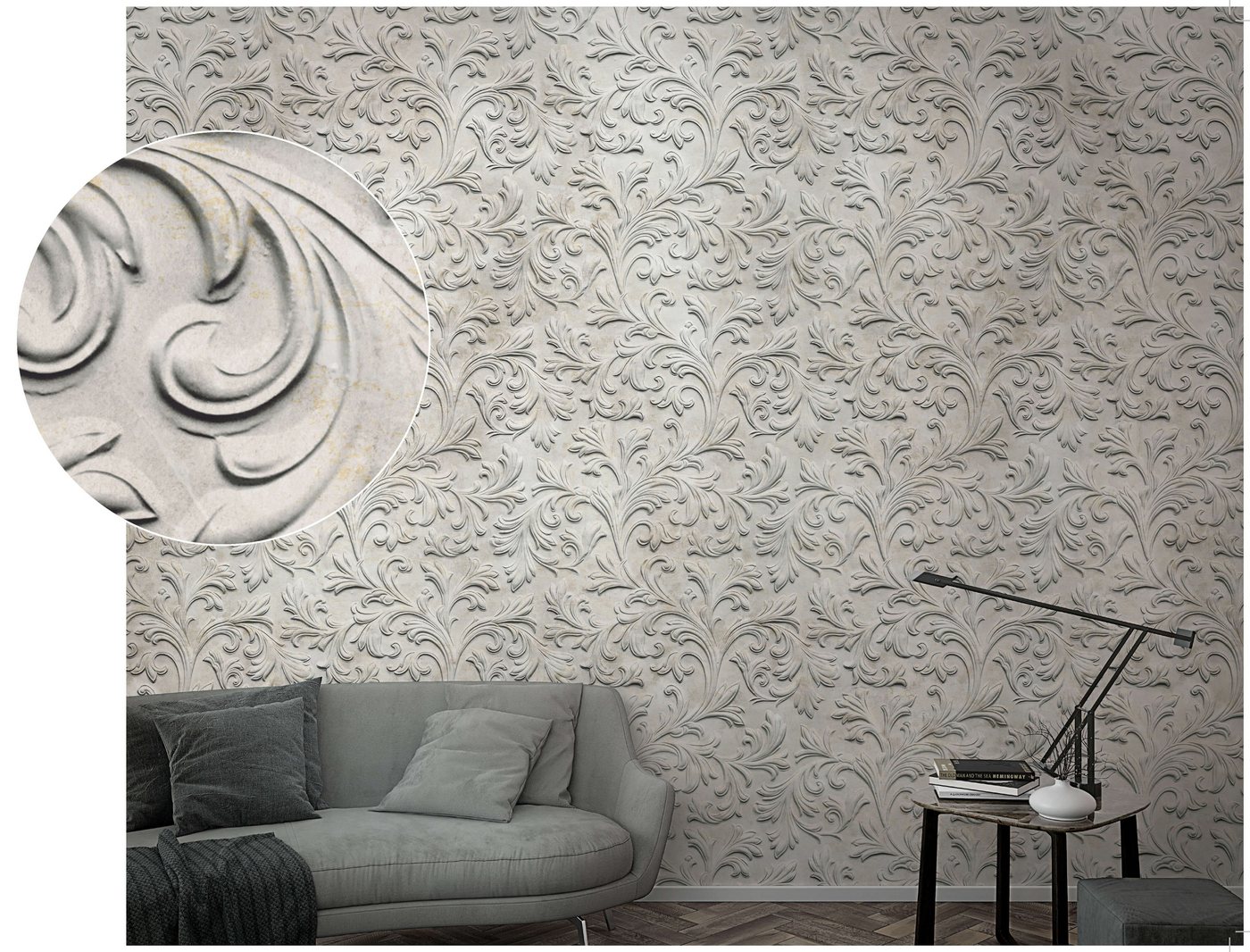 Newroom Vliestapete, [ 2,7 x 1,59m ] großzügiges Motiv - kein wiederkehrendes Muster - nahtlos große Flächen möglich - Fototapete Wandbild Ornament Barock Made in Germany von Newroom