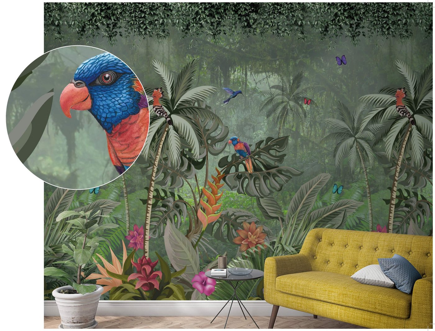 Newroom Vliestapete, [ 2,7 x 2,12m ] großzügiges Motiv - kein wiederkehrendes Muster - nahtlos große Flächen möglich - Fototapete Wandbild Tiere Papagei Dschungel Made in Germany von Newroom