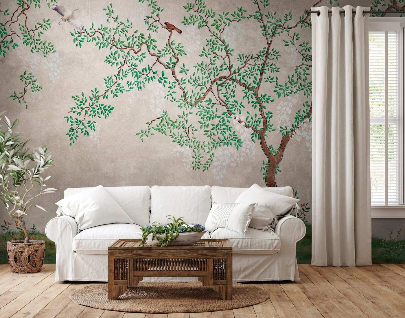 Newroom Vliestapete, [ 2,8 x 3,71 m ] großzügiges Motiv - kein wiederkehrendes Muster - nahtlos große Flächen möglich - Fototapete Wandbild Bäume Vögel Blätter Made in Germany von Newroom
